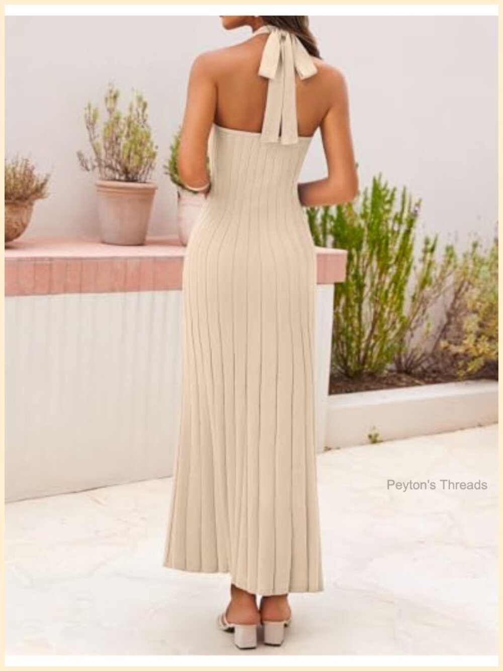 Women Ribbed Knit Halter Bodycon Midi Dress Backless Tie Neck - Picture 3 of 6